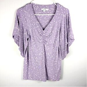 Chicos 0 Womens Purple Ruched Top Short Sleeve Rayon Spandex Dot Print Blouse